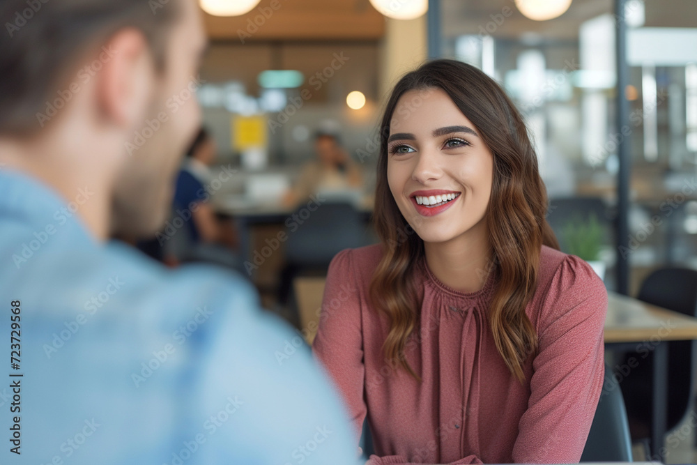 Fototapeta premium Happy businesswoman interviewing a well-prepared job candidate in a cozy office environment. The job interview process - from expectation to excitement, captured in high-definition