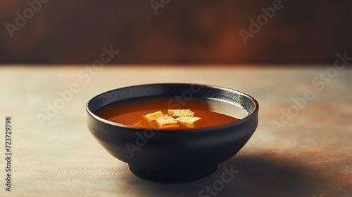 A bowl of traditional miso soup with tofu slices and green onion, bathed in natural sunlight on a wooden table banner copy space.