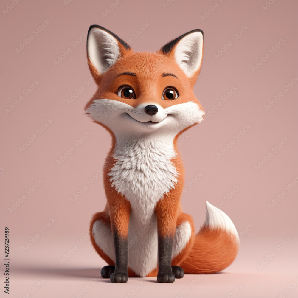Cute little fox 3d illustration. Adorable wild animal in cartoon style sitting and smiling isolated on white background. Animal, nature, wildlife concept Cute little fox 3d illustration. Adorable wild animal in cartoon style sitting and smiling isolated on white background. Animal, nature, wildlife concept