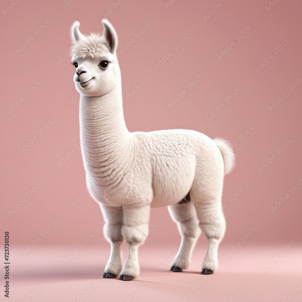 Cute adorable cartoon little lama, 3D render cartoon character.