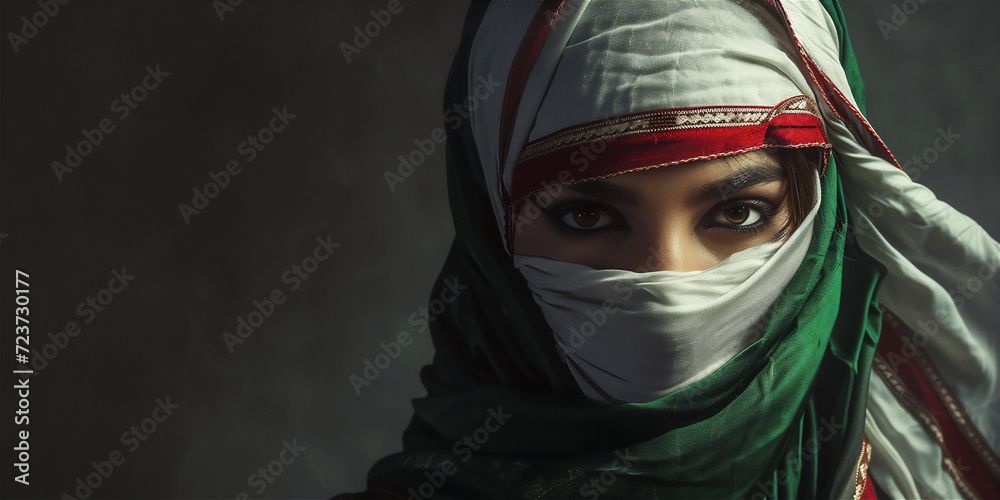 portrait of a woman in hijab with a flag of the country portrait of a woman in hijab with a flag of the country