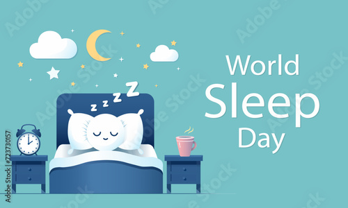 World Sleep Day is an annual event celebrated each year in March. This is an opportunity to stop and think about your sleeping habits, consider how much they impact your well-being. Vector art