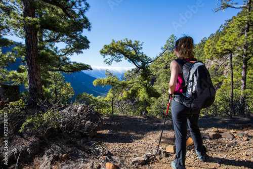 Young woman summit to Bejenado Peak in Caldera de Taburiente, La Palma, Spain photo