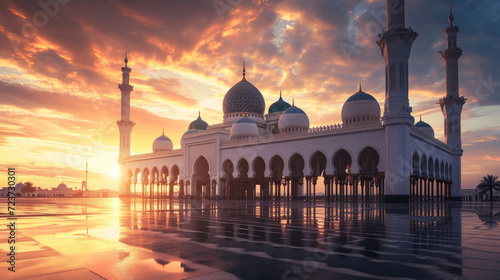 Dramatic sky over magnificent mosque at sunset