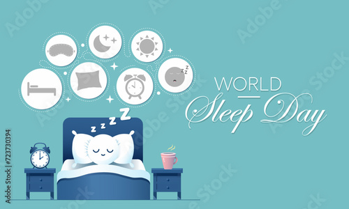 World Sleep Day is an annual event celebrated each year in March. This is an opportunity to stop and think about your sleeping habits, consider how much they impact your well-being. Vector art