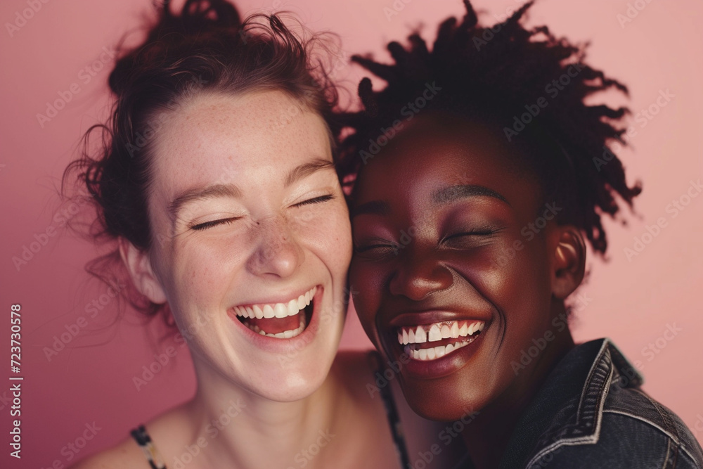 Two interracial best friends, a Caucasian and African American woman, laughing and having fun together in a studio against a solid background Two interracial best friends, a Caucasian and African American woman, laughing and having fun together in a studio against a solid background