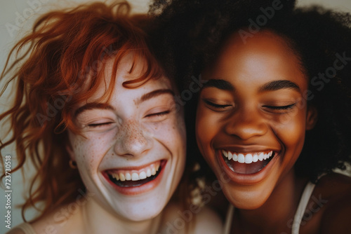 Two interracial best friends, a Caucasian and African American woman, laughing and having fun together in a studio against a solid background