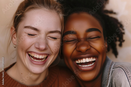 Two interracial best friends, a Caucasian and African American woman, laughing and having fun together in a studio against a solid background