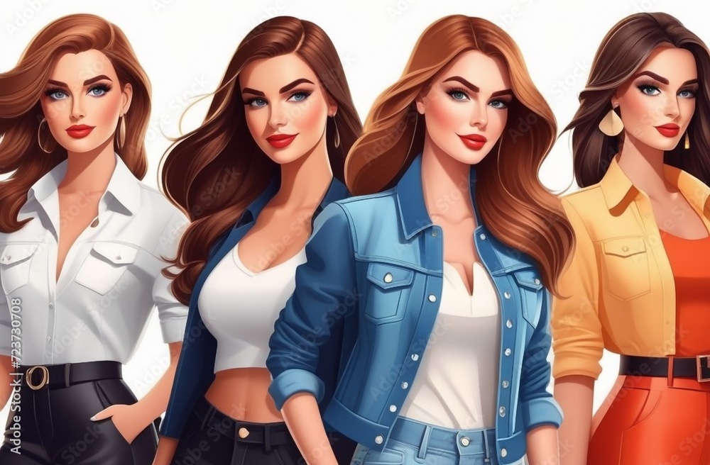 Collection of stylish young women dressed in trendy clothes. Set of fashionable casual and formal outfits. .illustration Collection of stylish young women dressed in trendy clothes. Set of fashionable casual and formal outfits. .illustration