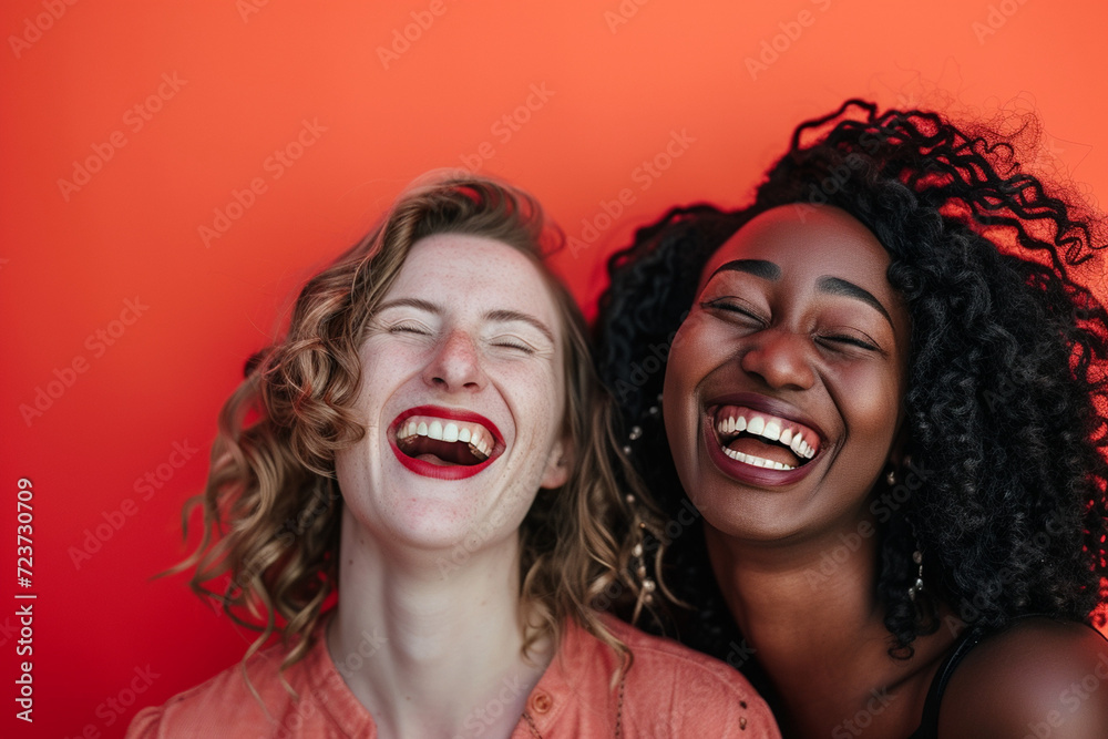 Obraz premium Two interracial best friends, a Caucasian and African American woman, laughing and having fun together in a studio against a solid background