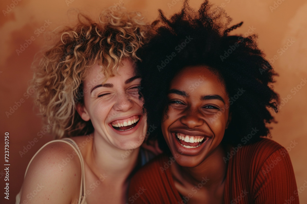 Two interracial best friends, a Caucasian and African American woman, laughing and having fun together in a studio against a solid background Two interracial best friends, a Caucasian and African American woman, laughing and having fun together in a studio against a solid background
