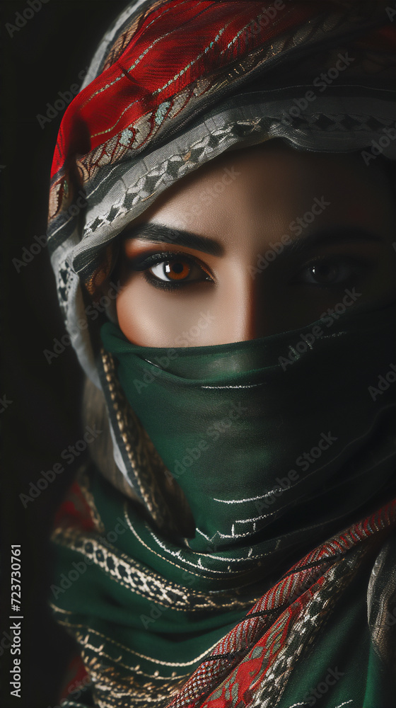 portrait of a woman in hijab with a flag of the country