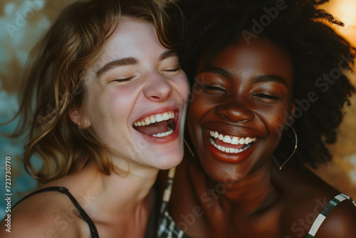 Two interracial best friends, a Caucasian and African American woman, laughing and having fun together in a studio against a solid background