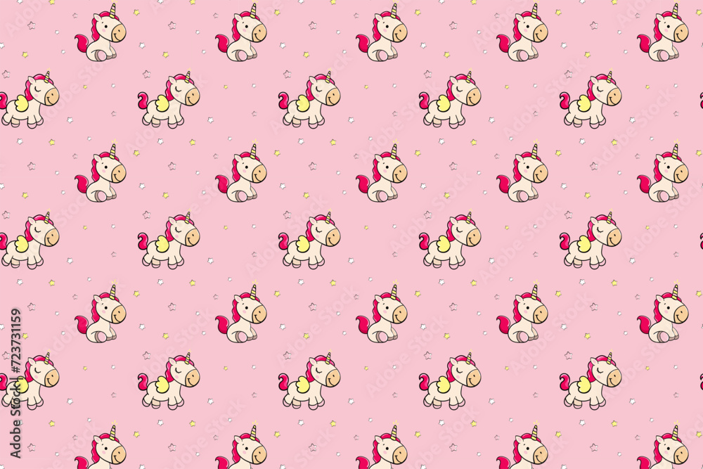 cute happy unicorn on pink isolated background for girls with stars seamless endless pattern vector illustration.