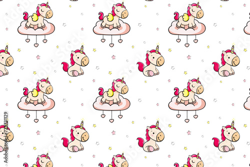 cute happy unicorn on white isolated background with stars on pink clouds seamless endless pattern vector illustration