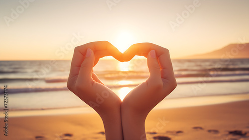 Hands forming a heart shape with a beach background.