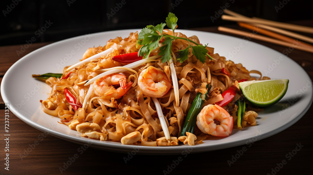 Authentic Pad Thai with shrimp, lime, and peanuts served on a rustic green plate, surrounded by Thai spices.