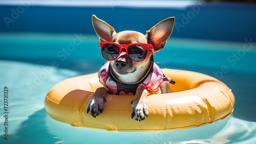 Happy dog wearing glasses and floating ring is in the swimming pool. © Art.disini