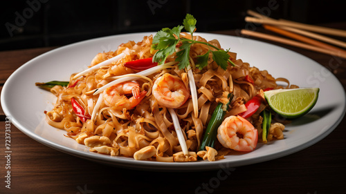 Authentic Pad Thai with shrimp, lime, and peanuts served on a rustic green plate, surrounded by Thai spices.