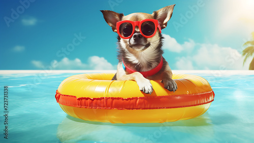 Happy dog wearing glasses and floating ring is in the swimming pool. © Art.disini