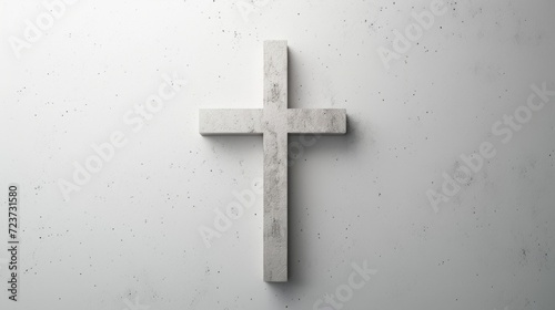 Modern Stone Cross on Textured White Background. A stone textured cross centered on a white speckled background, embodying a modern take on religious symbolism.