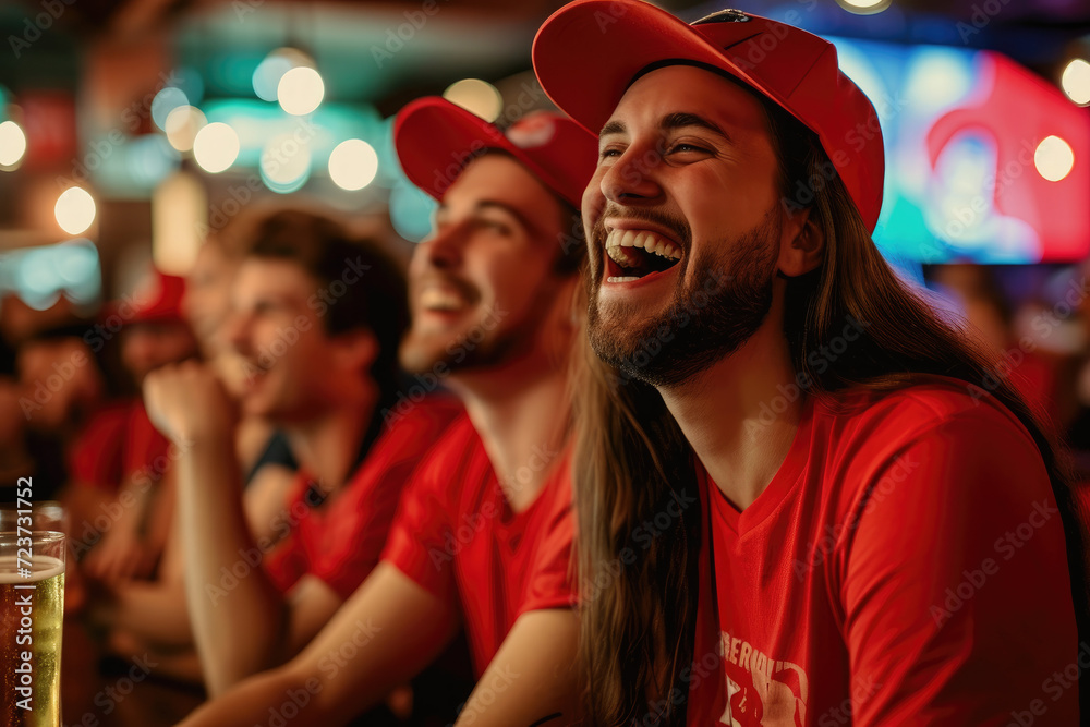 fans wearing in red shirts with beer glassesat a bar looking happy at soccer games