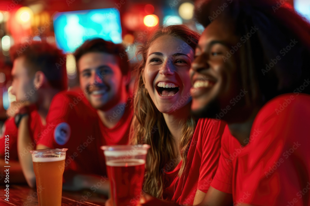 fans wearing in red shirts with beer glassesat a bar looking happy at soccer games