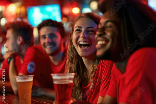 fans wearing in red shirts with beer glassesat a bar looking happy at soccer games