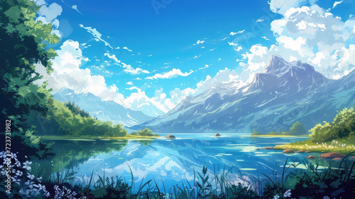 Natural Elegance Beautiful Lake in a Clear Setting, Illustration of Nature