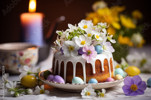 Easter cake and eggs, kulich,bread background. Happy Easter card