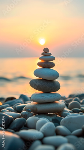 Zen stone stack in perfect balance at sunrise on beach, symbolizing harmony, meditation, and tranquility in nature. 