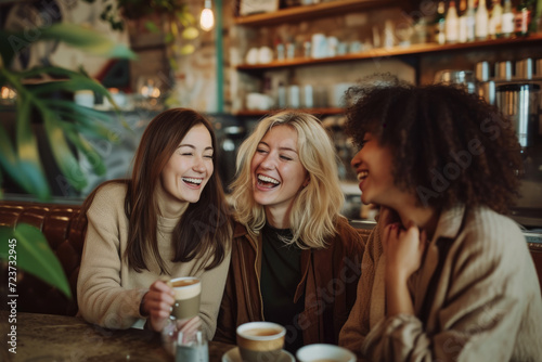 female friends having a coffee together. Three women at cafe, talking, laughing and enjoying their time