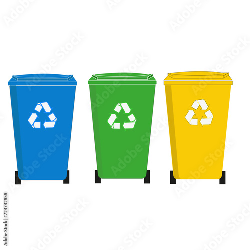 Panneau avec trois containers indiquant le tri sélectif des déchets: plastique, verre, papier