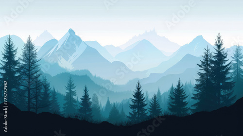 Immerse Yourself in a Captivating Flat 2D Illustration Showcasing Mountain Views