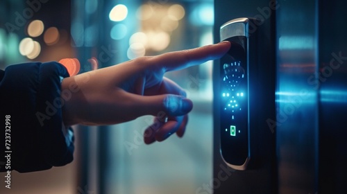 An electronic door lock with a hand gesture recognition sensor, illustrating the touchless and secure nature of biometric authentication for door access.