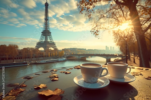 coffee on table and Eiffel tower in Paris
