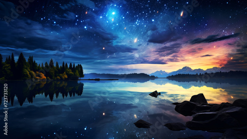 A tranquil night sky filled with stars reflecting on a still lake surrounded by a silhouette of forest and mountains © Yumona