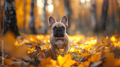 wallpaper di dolce animaletto nei colori del tramonto, primo piano di bulldog francese  tra i fiori,  photo