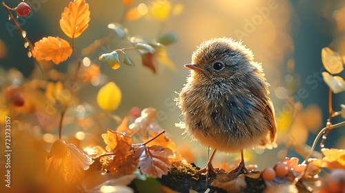 sfondo o wallpaper di uccellino su un ramo con luce calda del sole ed effetti bokeh, senso di pace e calma, dolcezza infinita, 