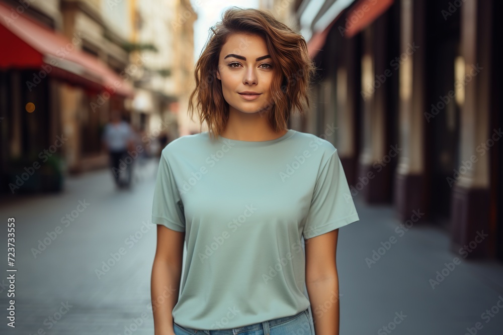 Authentic street scene showcasing a woman in a colored t-shirt, posing for a mockup shot with confidence