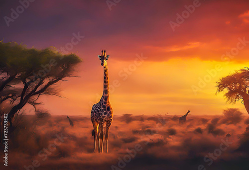 giraffes standing and Acacia trees while the sun sets behind them in silhouette on Safari in Africa