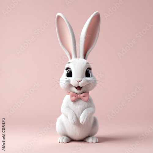 A charming 3D render of a standing rabbit bunny on white pastel color background in the form of an cute adorable and lovable cartoon character © vian