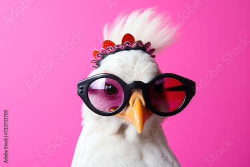 A chic white chicken accessorized with black rimmed glasses posing in front of a bold, colorful background © LaxmiOwl