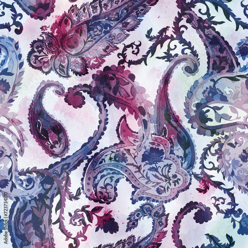 Seamless hand painted watercolour Multicolour paisley pattern. Persian pattern Traditional paisley watercolour digital paisley.