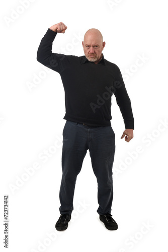 front view of a man showing her bicep on white background