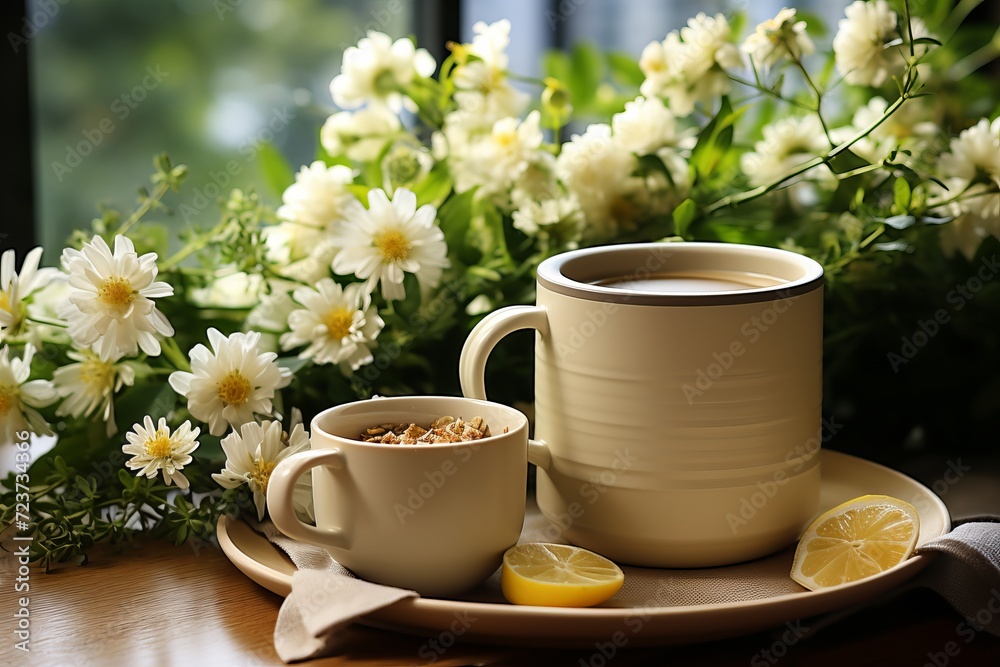 Easter theme mug with whipped cream next to vibrant spring flowers, focus on meticulous details Easter theme mug with whipped cream next to vibrant spring flowers, focus on meticulous details