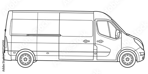 Classic van bus car. Side view shot. Outline doodle vector illustration	
