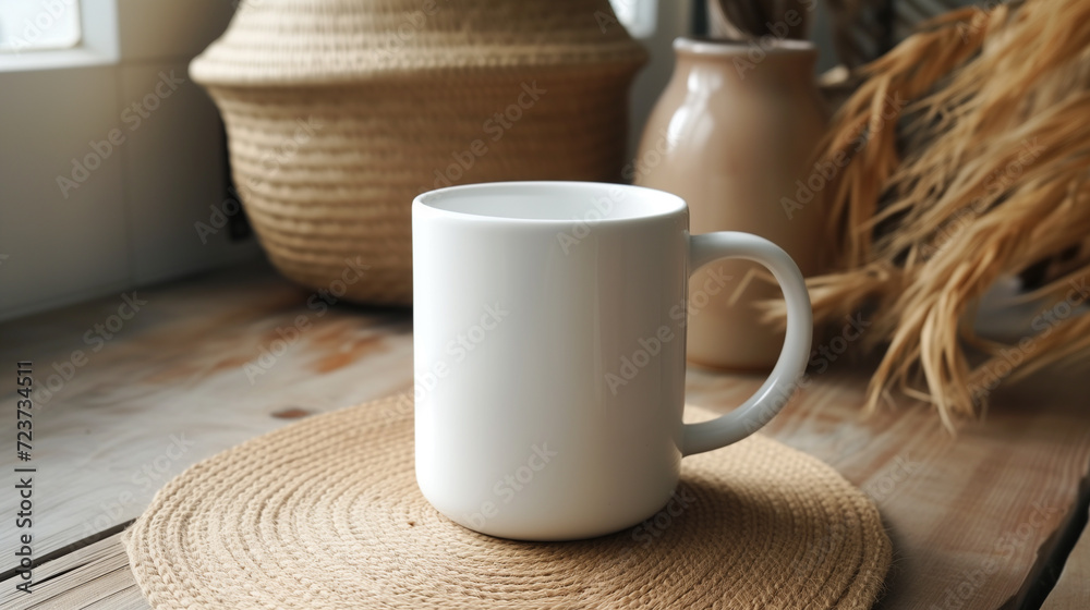 White cup of coffee or tea on a wooden table with straw hat White cup of coffee or tea on a wooden table with straw hat