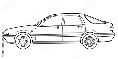 Outline drawing of a hatchback car from side view. Classic 80s  90s style. Vector outline doodle illustration. Design for print or color book.  