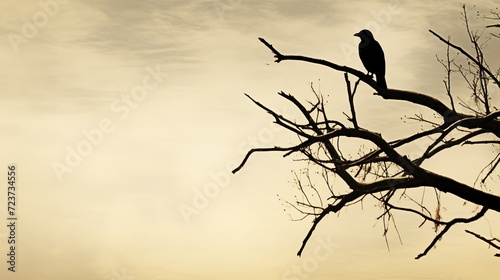 Artistically rendered silhouette of a solitary bird resting on a desolate tree limb  with ample copy space for text
